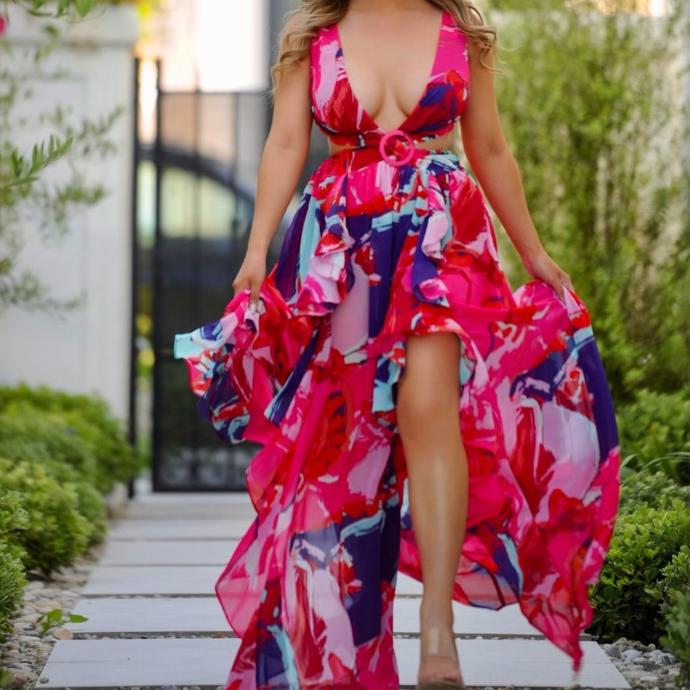 Tropical Flowy Pink Purple Multi Abstract Maxi Dress w/ O ring & adjustable top